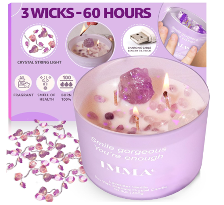 Picture of IMMAS – Long Lasting 3 Wicks Lavender Vanilla Scented Candle with Amethyst & Clear Quartz – 2 Meters Amethyst Crystal String Light