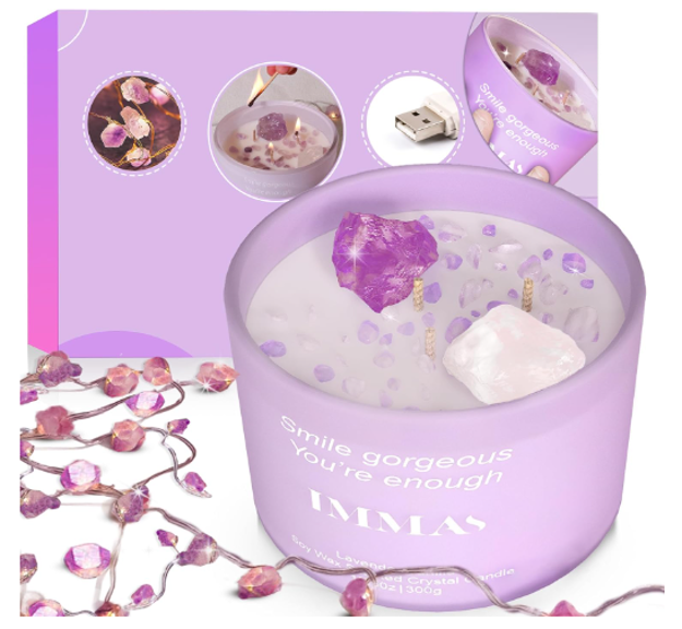 Picture of IMMAS – Long Lasting 3 Wicks Lavender Vanilla Scented Candle with Amethyst & Clear Quartz – 2 Meters Amethyst Crystal String Light