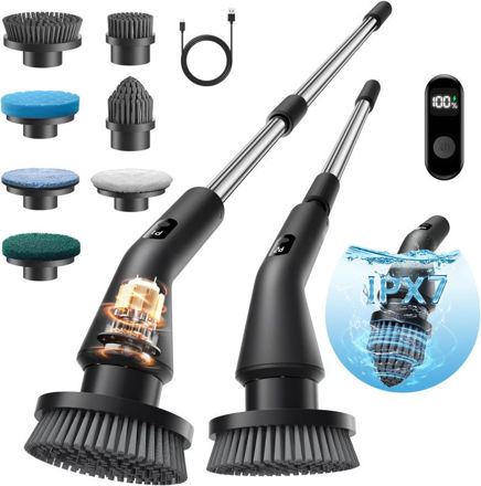 Picture of Electric Spin Scrubber, Cordless Cleaning Brush Scrubber for Home, IPX7 Waterproof Power Scrubber with 7 Brush Heads, 3 Adjustable Size and 2 Rotating Speeds for Bathroom Shower Bathtub Glass Car