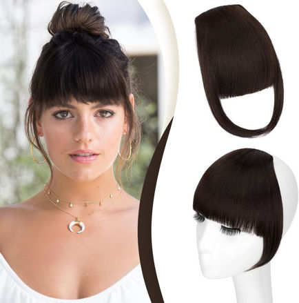 Picture of Clip in Bangs, Synthetic Fake Bang Hair Clip, French Bangs Fringe Hair Pieces for Women Natural Curved Hair Extensions for Daily Wear Dark Brown