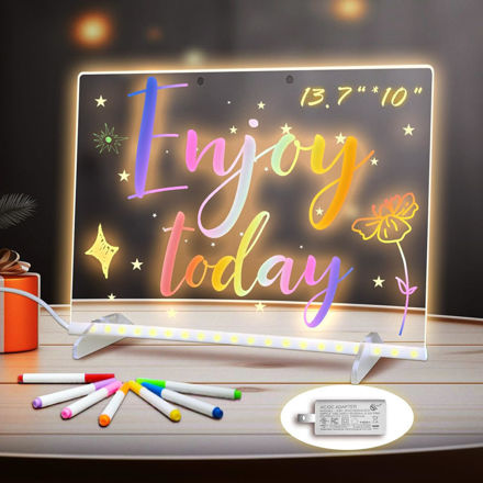 Picture of LED Note Board with Colors, 13.7"X10" 4 Modes & 7 Colors Acrylic Dry Erase Board with Light, Include Adapter, Hanging Chain, Led Drawing Board for Kids with Stand, 7 Markers, Spray Bottle