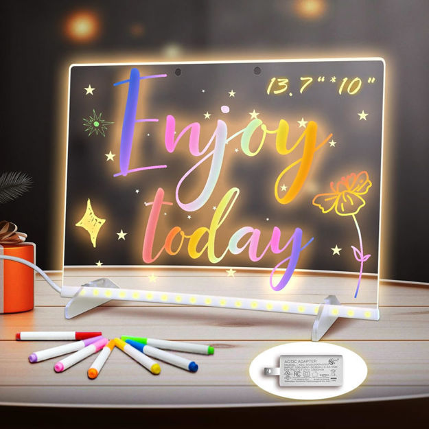 Picture of LED Note Board with Colors, 13.7"X10" 4 Modes & 7 Colors Acrylic Dry Erase Board with Light, Include Adapter, Hanging Chain, Led Drawing Board for Kids with Stand, 7 Markers, Spray Bottle