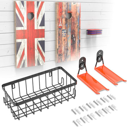 Picture of 2 Set Cornhole Boards Hanger with Sandbag Storage Basket, Steel Heavy Duty Cornhole Accessories Wall Mount for Cornhole Board Games Holder Storage