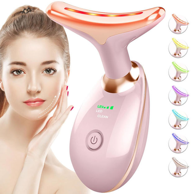 Picture of Red-Light-Therapy-for-Face-and-Neck, 7 Color Face Massager Tool for Wrinkles, Double Chin, Vibrating Facial Massager with Thermals for Skin Care, Glossy Pink